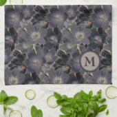 Stilvolle Midnight Navy Blue Floral Muster Monogra Geschirrtuch (Gefaltet)