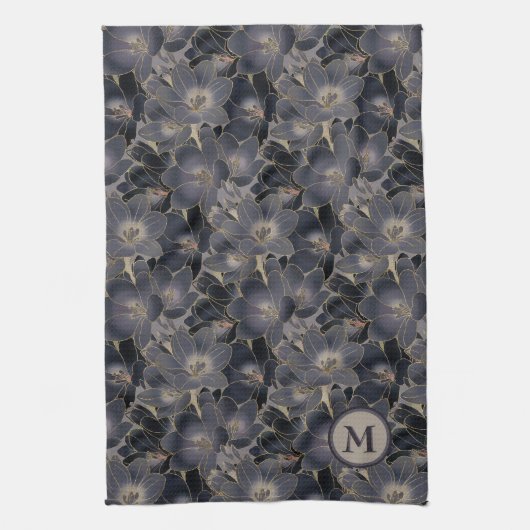 Stilvolle Midnight Navy Blue Floral Muster Monogra Geschirrtuch (Vertikal)