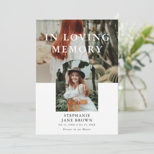 Stilvolle Minimal-2-Foto-Beerdigung Ankündigung (Stehend Vorderseite)