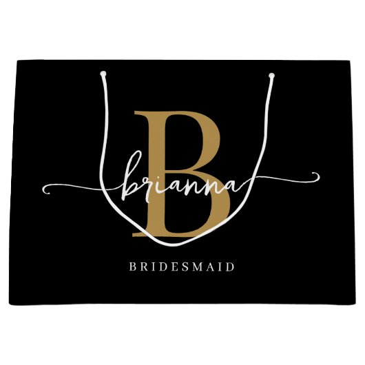 Stilvolle Minimal Black Gold Monogram Girly Script Große Geschenktüte (Vorderseite)