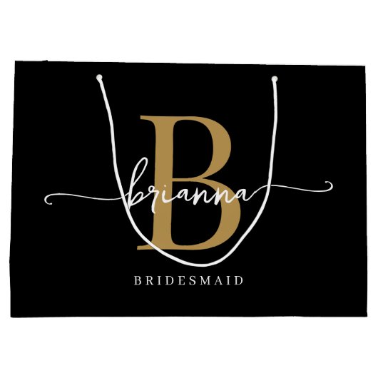 Stilvolle Minimal Black Gold Monogram Girly Script Große Geschenktüte (Rückseite)