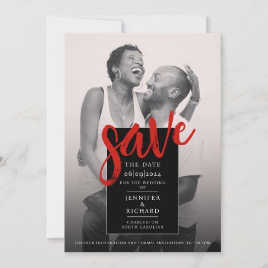 Stilvolle Minimal Chic Rot und Black Foto Hochzeit Save The Date (Vorderseite)