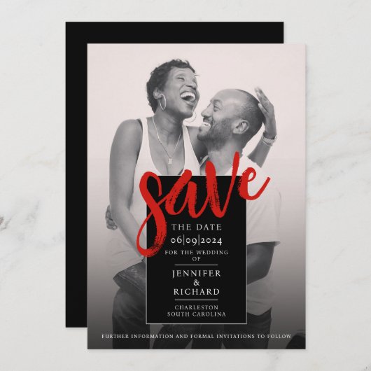 Stilvolle Minimal Chic Rot und Black Foto Hochzeit Save The Date (Vorne/Hinten)