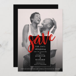 Stilvolle Minimal Chic Rot und Black Foto Hochzeit Save The Date