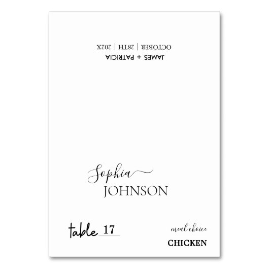 Stilvolle Minimal-Hochzeit-Platzkarte mit kulinari Tischnummer (Vorderseite)