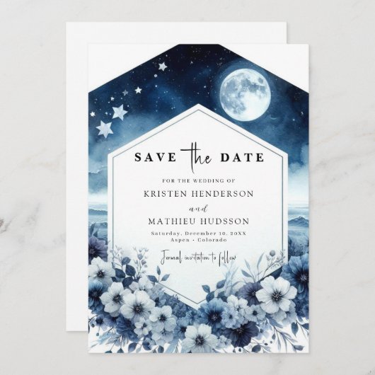 Stilvolle Minimal Moonlit Hochzeit Save The Date (Vorne/Hinten)