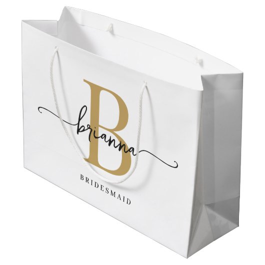 Stilvolle Minimal White Gold Monogram Girly Script Große Geschenktüte (Rückseite Schrägansicht)