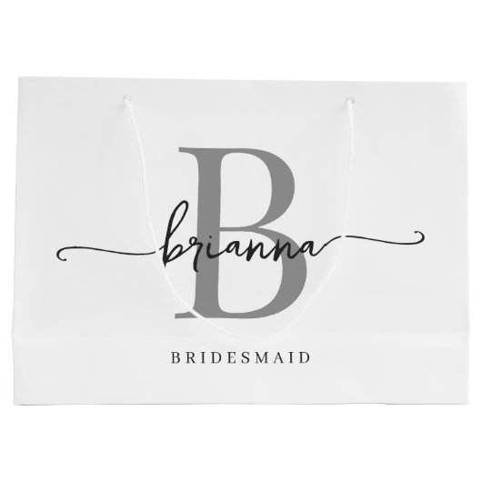 Stilvolle Minimal White Gray Monogram Girly Script Große Geschenktüte (Rückseite)