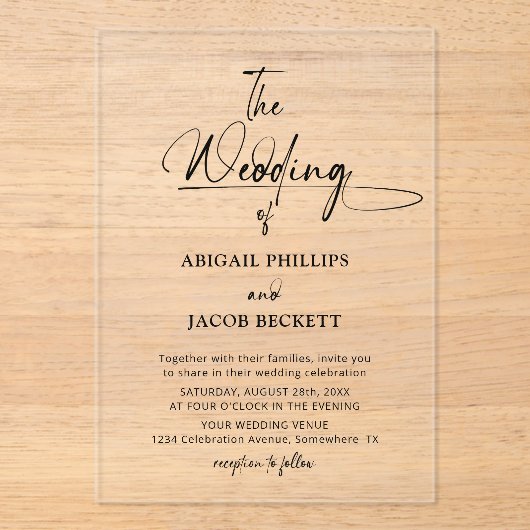 Stilvolle Minimalistische Hochzeit Acryleinladungen (Vorderseite)