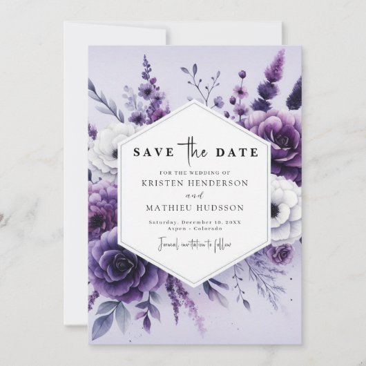 Stilvolle Minimalistische Lila Blumenhochzeit Save The Date (Vorderseite)