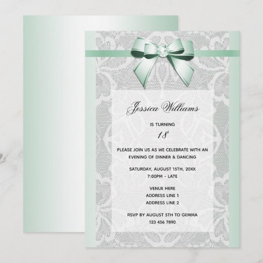 Stilvolle Mint Bow & Lace zum Geburtstag Einladung (Vorne/Hinten)