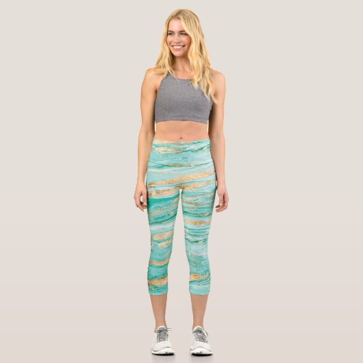Stilvolle Mint Gold Abstrakt Marble Liquid Paint Capri Leggings (Vorderseite)