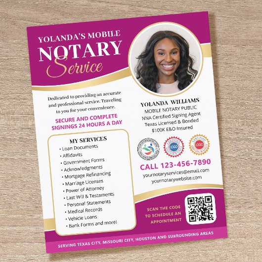 Stilvolle Mobile Notary Public QR Code Magenta Flyer
