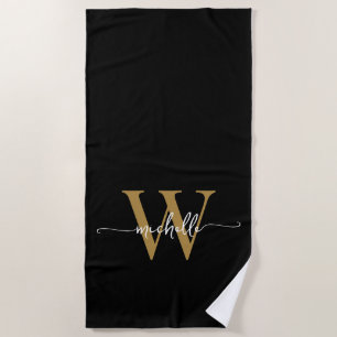 Stilvolle, moderne Black Gold Monogram Name Script Strandtuch