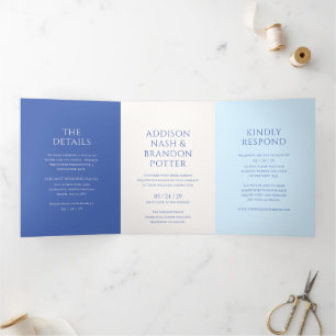 Stilvolle moderne blaue Hochzeit Dreifach Gefaltete Einladung
