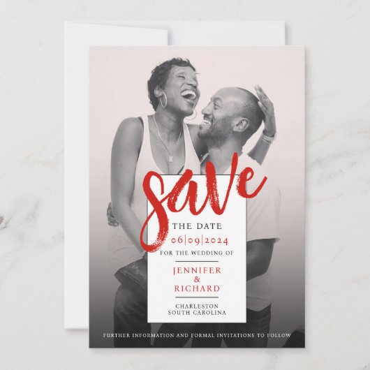 Stilvolle, moderne Hochzeit in Rot-Weiß-Foto Save The Date (Vorderseite)