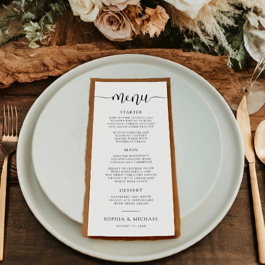 Stilvolle moderne Kalligrafie Schwarz-weiße Hochze Menükarte