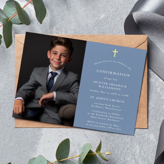 Stilvolle moderne minimalistische Foto-Blue-Bestät Einladung