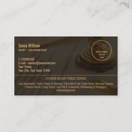 Stilvolle moderne Notar- und Kreditsignatur-Agent Visitenkarte (Rückseite)