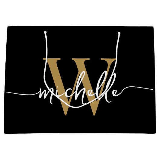 Stilvolle, moderne Schwarz-Gold-Monogram-Initialsk Große Geschenktüte (Vorderseite)