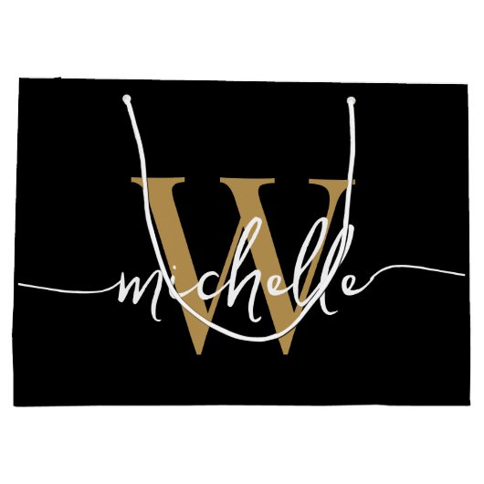 Stilvolle, moderne Schwarz-Gold-Monogram-Initialsk Große Geschenktüte (Rückseite)