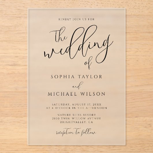 Stilvolle, moderne Script Black and White Wedding Acryleinladungen (Vorderseite)