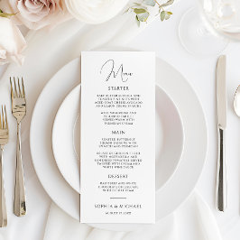 Stilvolle, moderne Script Black and White Wedding Menükarte