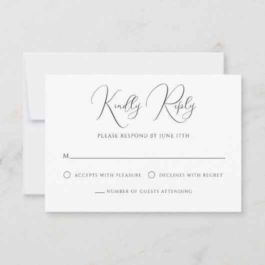 Stilvolle, moderne Script Black and White Wedding RSVP Karte (Vorderseite)