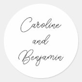 Stilvolle moderne Script Wedding Names White Runder Aufkleber (Vorderseite)