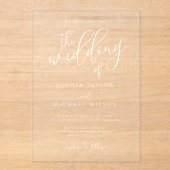 Stilvolle, moderne Script White Wedding Acryleinladungen (Vorderseite)