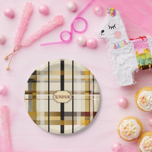 Stilvolle moderne Taupe und Gold Kariert Pappteller (Party)