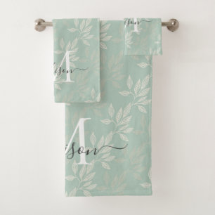 Stilvolle Monogram Aquamarin Botanische Blätter Fe Badhandtuch Set