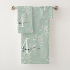 Stilvolle Monogram Aquamarine botanische Blätter F Badhandtuch Set