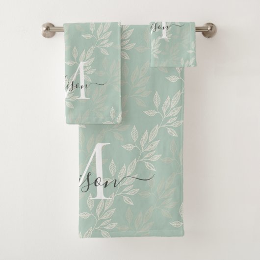 Stilvolle Monogram Aquamarine botanische Blätter F Badhandtuch Set (Insitu)
