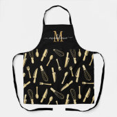 Stilvolle Monogram Black and Gold Kitchen Utensils Schürze (Vorderseite)