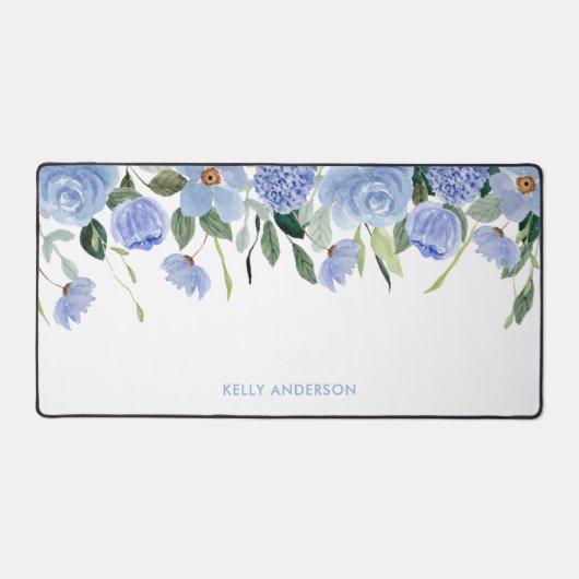 Stilvolle Monogram Blue Blumenrinde Schreibtischunterlage (Vorderseite)