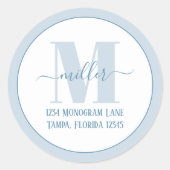 Stilvolle Monogram Blue Simple Rücksendeadresse Runder Aufkleber (Vorderseite)