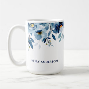 Stilvolle Monogram Blue Watercolor floral Kaffeetasse