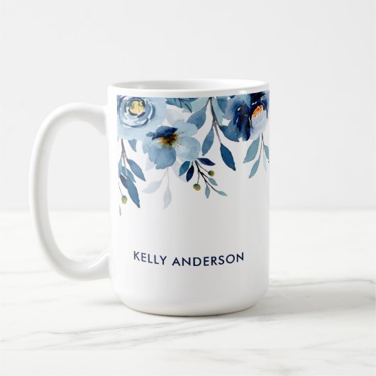 Stilvolle Monogram Blue Watercolor floral Kaffeetasse (Links)