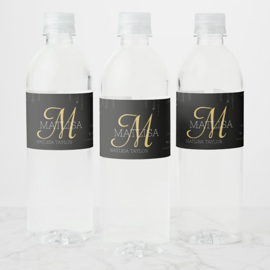 Stilvolle Monogram Dripping Black Gold Script Wasserflaschenetikett (Flaschen)