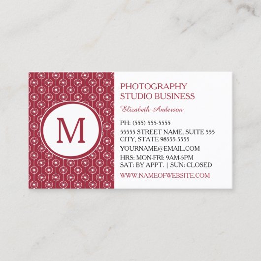 Stilvolle Monogram-Fotografen aus Rot und Weiß Her Visitenkarte (Vorderseite)