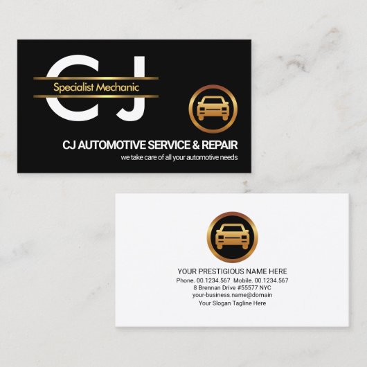 Stilvolle Monogram Gold Border Mechanic Visitenkarte (Vorne/Hinten)