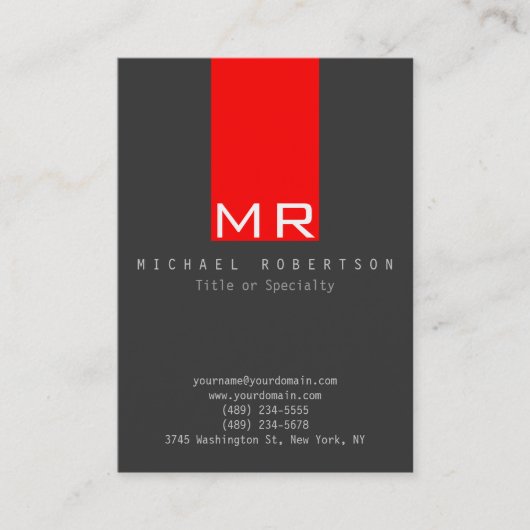 Stilvolle Monogram Gray Red Clean Business Card Visitenkarte (Vorderseite)