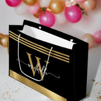 Stilvolle Monogram Initial Script Black Gold Sripe