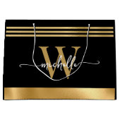 Stilvolle Monogram Initial Script Black Gold Sripe Große Geschenktüte (Vorderseite)