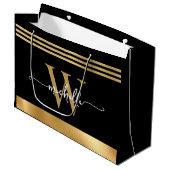 Stilvolle Monogram Initial Script Black Gold Sripe Große Geschenktüte (Vorderseite Schrägansicht)