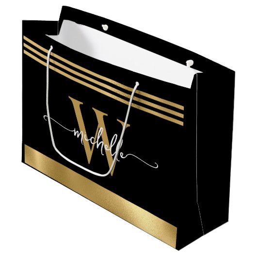 Stilvolle Monogram Initial Script Black Gold Sripe Große Geschenktüte (Vorderseite Schrägansicht)