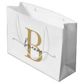 Stilvolle Monogram Initial Script Modern White Gol Große Geschenktüte (Rückseite Schrägansicht)