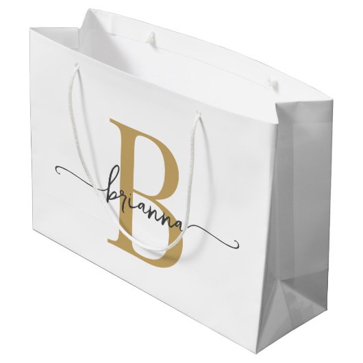 Stilvolle Monogram Initial Script Modern White Gol Große Geschenktüte (Rückseite Schrägansicht)