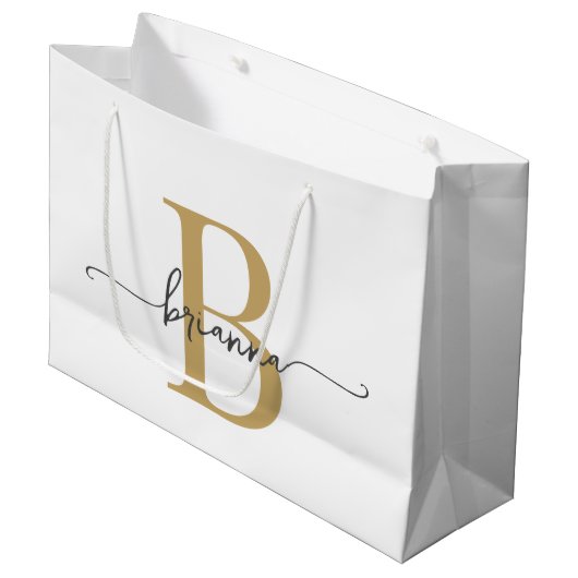 Stilvolle Monogram Initial Script Modern White Gol Große Geschenktüte (Vorderseite Schrägansicht)